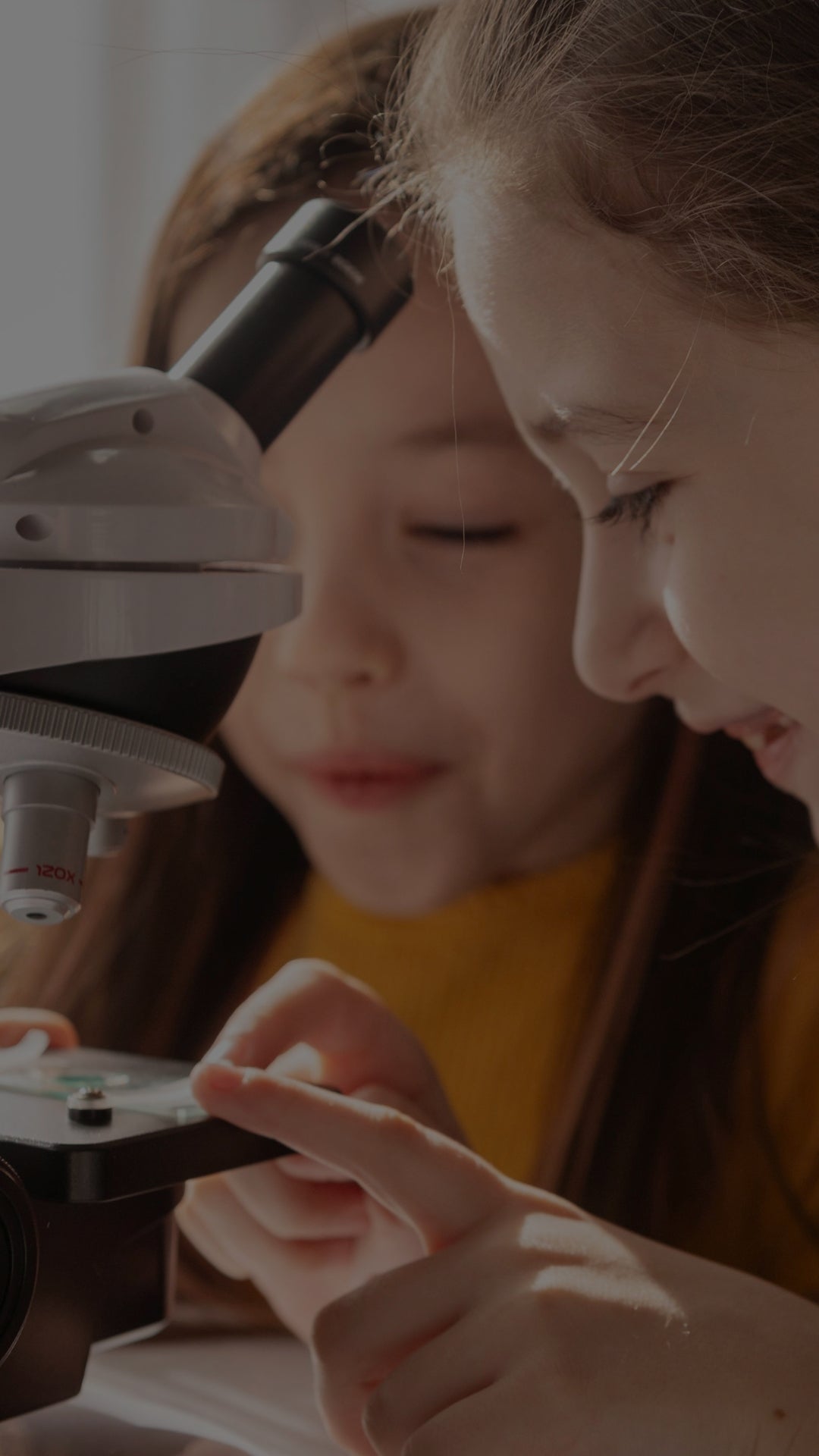 Two girls engrossed in scientific discovery as they observe a microscope slide together.