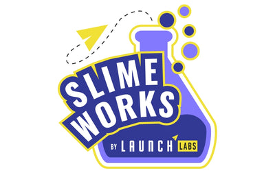 The vibrant logo of Slime Works by LAUNCH Labs, a playful purple and yellow design that captures the essence of scientific fun.
